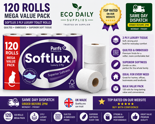 Softlux 120 Toilet Rolls 3 Ply Quilted Luxury Soft UK Made Tissue