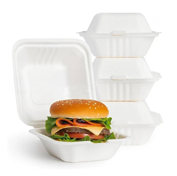 6" Bagasse Burger Boxes Compostable Clamshell Takeaway Food Containers