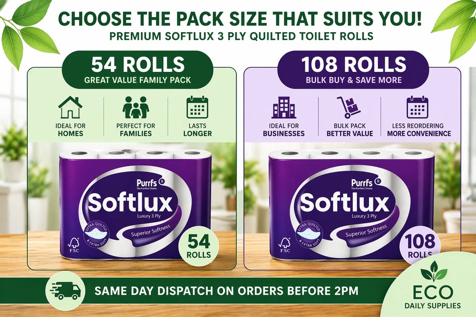 Softlux Toilet Rolls 3 Ply Quilted 54 / 108 Pack Luxury Soft UK Made Tissue