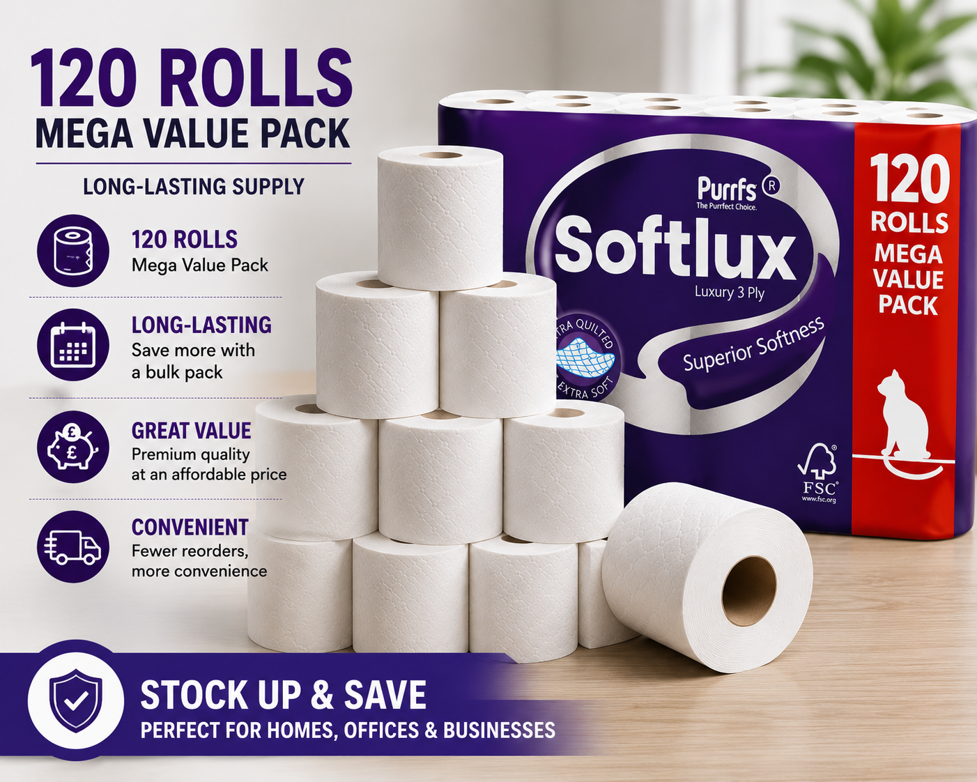Softlux 120 Toilet Rolls 3 Ply Quilted Luxury Soft UK Made Tissue