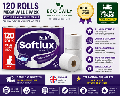 Softlux 120 Toilet Rolls 3 Ply Quilted Luxury Soft UK Made Tissue