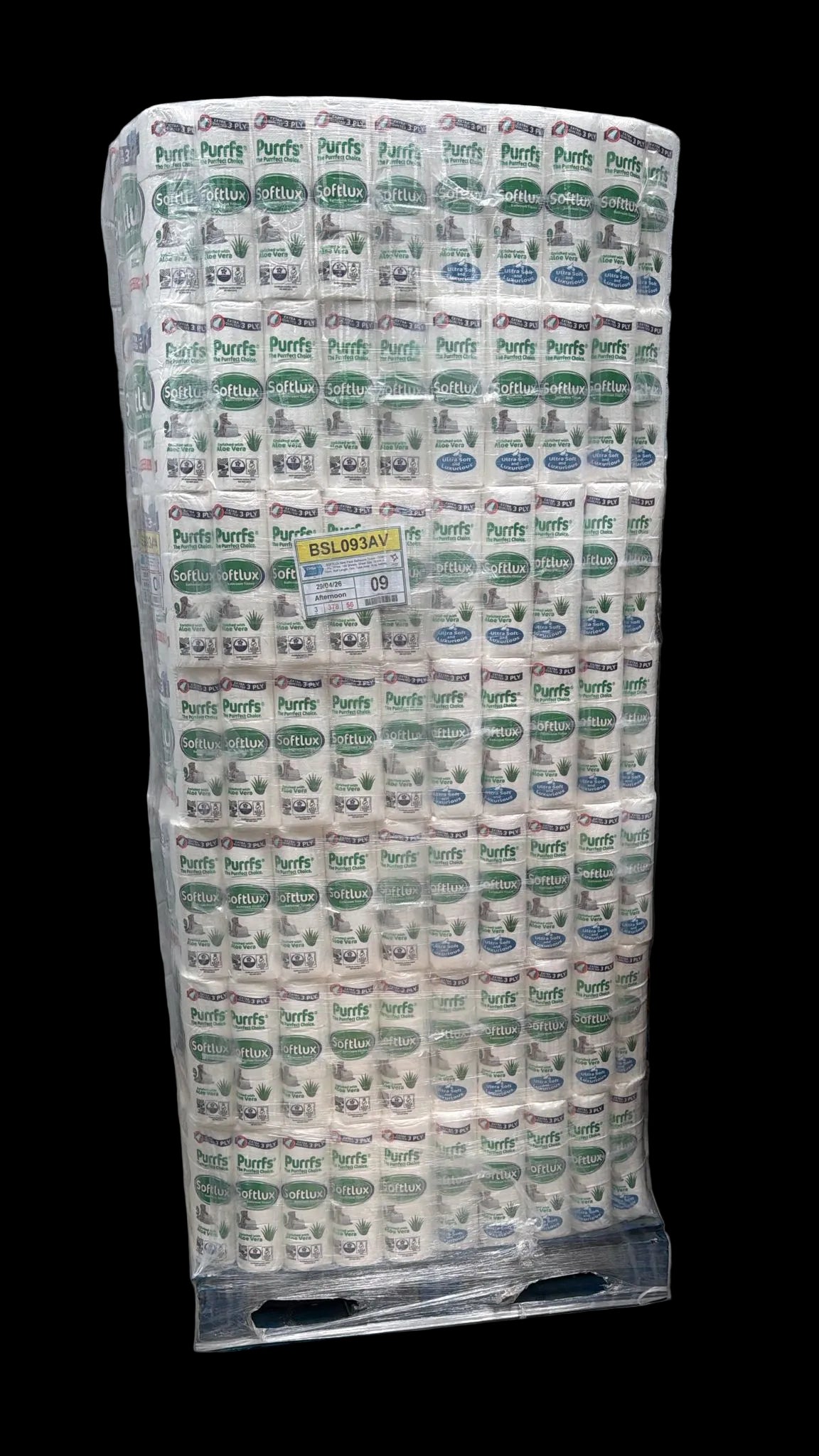 Pallet Deal: 56 Cases Purrfs Softlux 3-Ply Toilet Paper (Aloe Vera Scented)