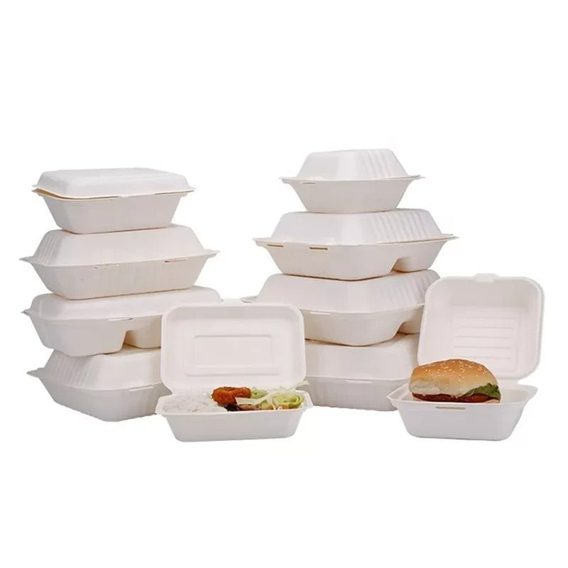 White Compostable Bagasse Takeaway Food Containers