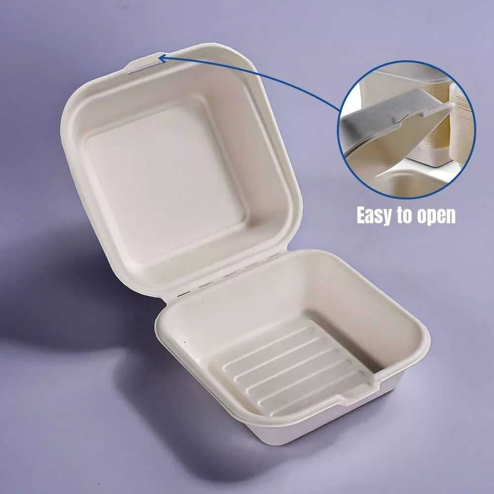 6" Bagasse Burger Boxes Compostable Clamshell Takeaway Food Containers