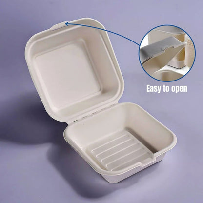 6" Bagasse Burger Boxes Compostable Clamshell Takeaway Food Containers