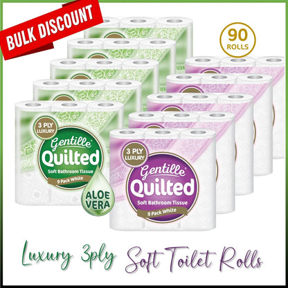 Gentille Quilted Aloe Vera 90 Rolls Tissue Luxury 3-Ply Toilet Paper Soft White