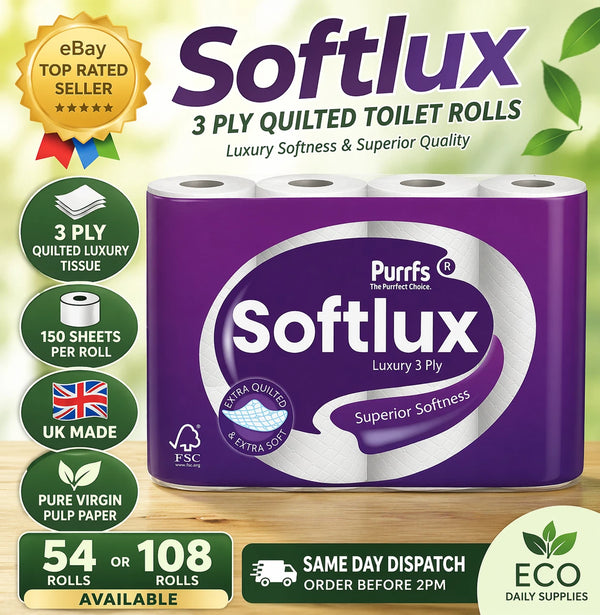 Softlux Toilet Rolls 3 Ply Quilted 54 / 108 Pack Luxury Soft UK Made Tissue
