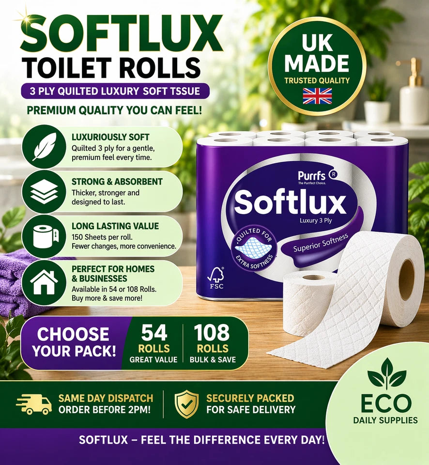 Softlux 108 Toilet Rolls 3 Ply Quilted Luxury Soft UK Made Tissue