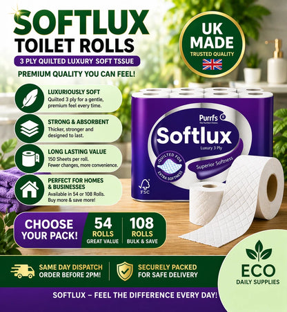 Softlux 108 Toilet Rolls 3 Ply Quilted Luxury Soft UK Made Tissue