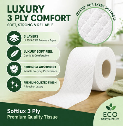 Softlux Toilet Rolls 3 Ply Quilted 54 / 108 Pack Luxury Soft UK Made Tissue