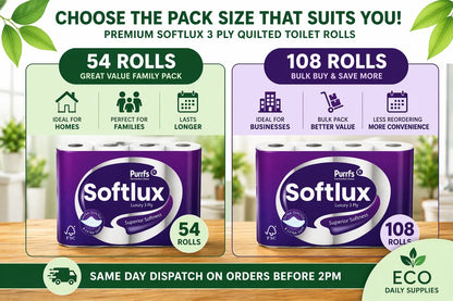Softlux 108 Toilet Rolls 3 Ply Quilted Luxury Soft UK Made Tissue